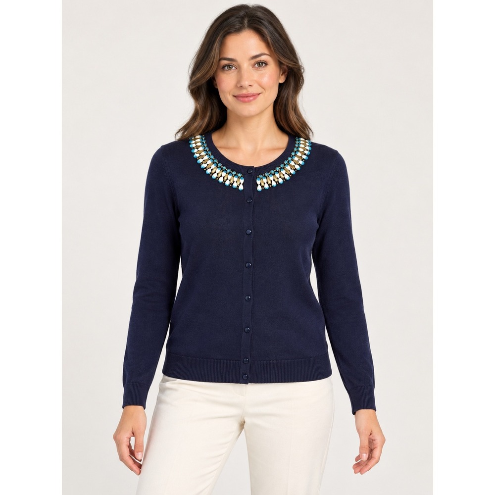Talbots Navy Blue Lambswool Blend Beaded Embellished Neck Cardigan Sweater Large